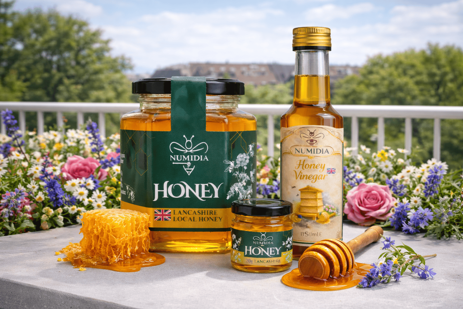 Numidia Kingdom British honey, local Lancashire honey, and honey vinegar displayed outdoors with honeycomb and flowers.
