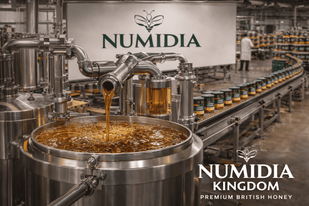 Honey flowing into stainless steel tanks at the Numidia Kingdom production facility with jars of premium British honey on the conveyor line.