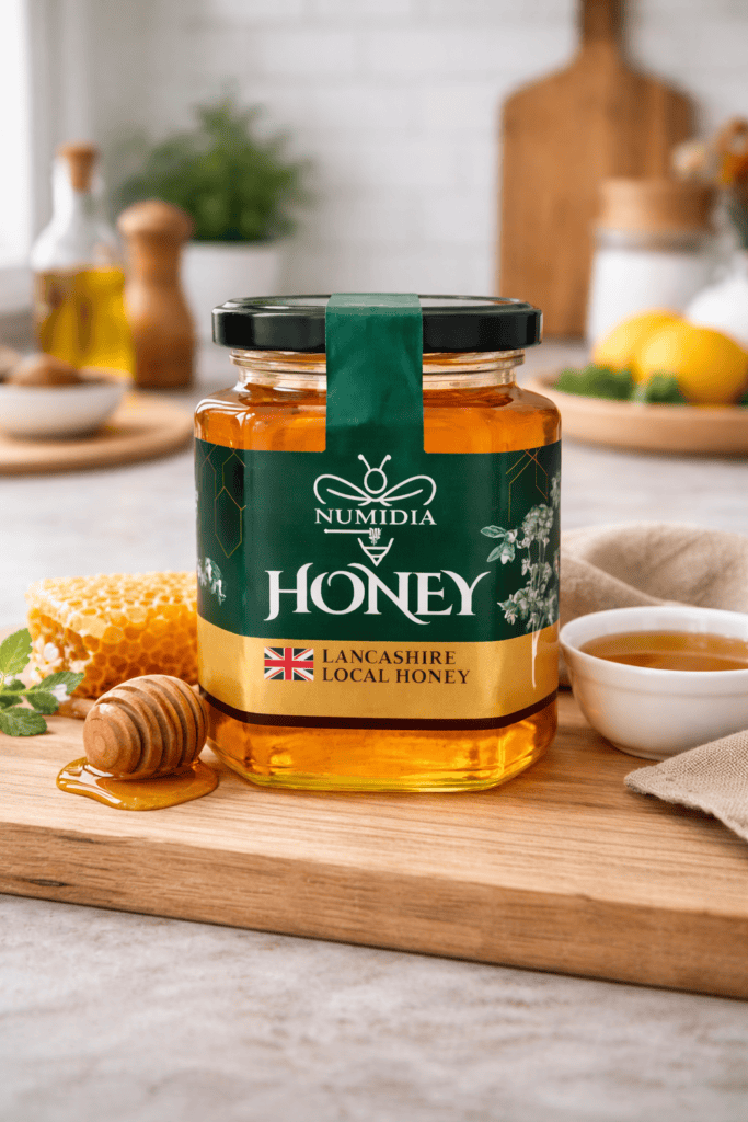 Numidia Lancashire Local Honey jar displayed on a kitchen counter with honeycomb and dipper.