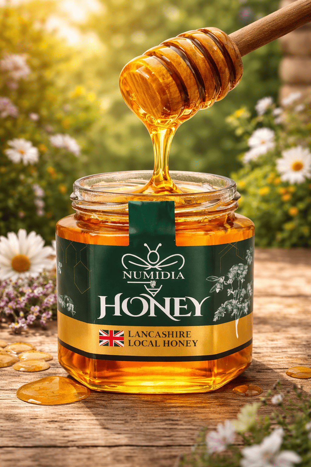 Jar of Numidia Lancashire Local Honey with honey dipper pouring golden honey outdoors