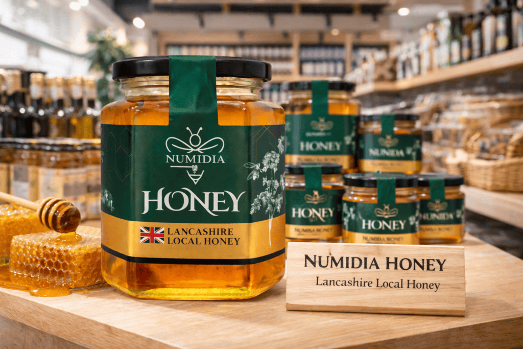 Numidia Lancashire Local Honey jars displayed on a wooden shop counter with honeycomb and premium store background.