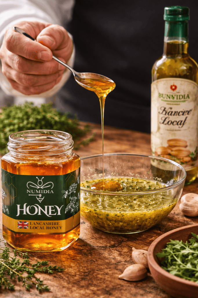 A chef drizzling Numidia Lancashire Local Honey from a spoon into a bowl of fresh vinaigrette with herbs, honey vinegar, and olive oil.