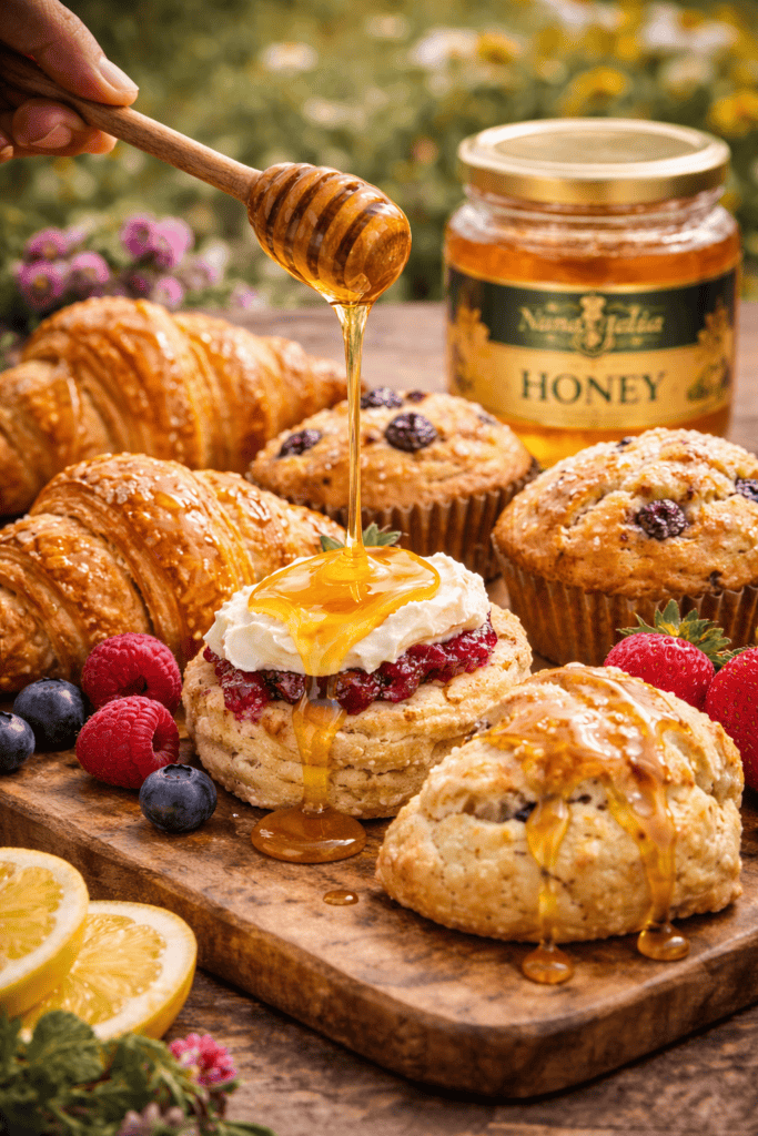Warm local honey from Numidia being drizzled over croissants, blueberry muffins, and scones on a rustic wooden board with fresh berries,