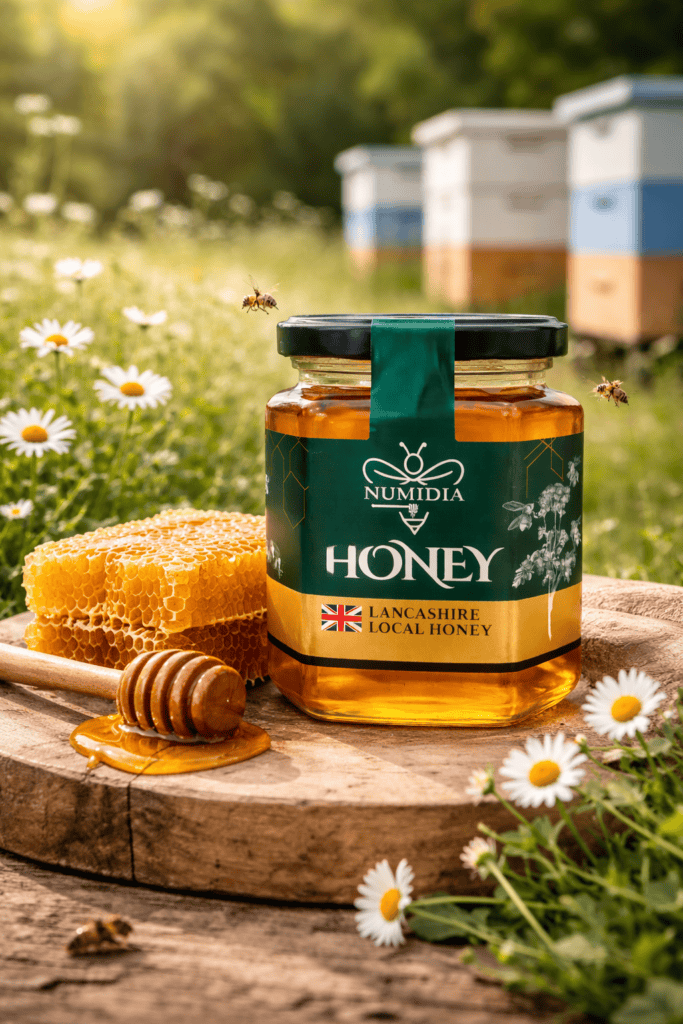 Numidia Lancashire Local Honey jar outdoors with honeycomb and beehives in the background.