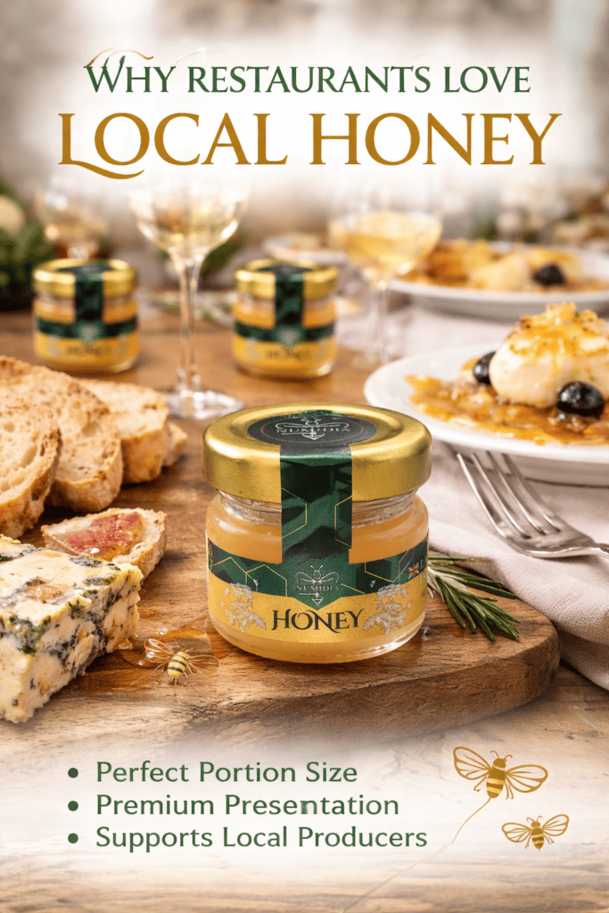Numidia 28g mini loca honey jar served at a breakfast table with tea and pastries.
