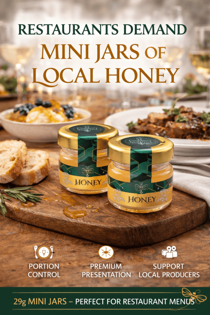 Two Numidia 28g mini local honey jars displayed on a rustic wooden table in a restaurant setting with bread, dessert, and wine in the background.