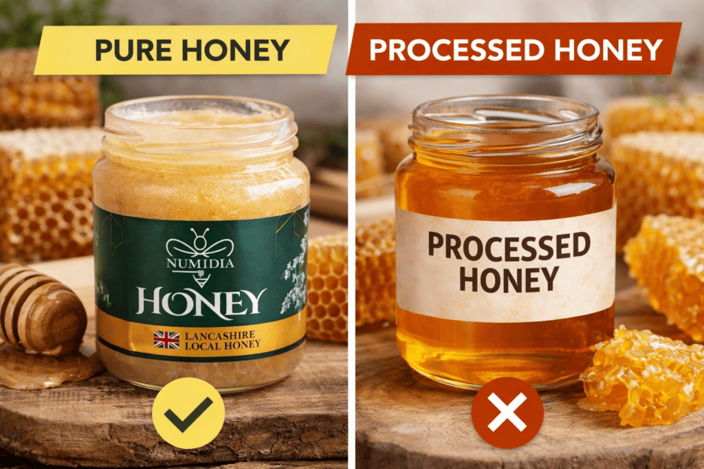 Comparison of pure honey and processed honey showing Numidia pure honey crystallised and processed honey clear in jars