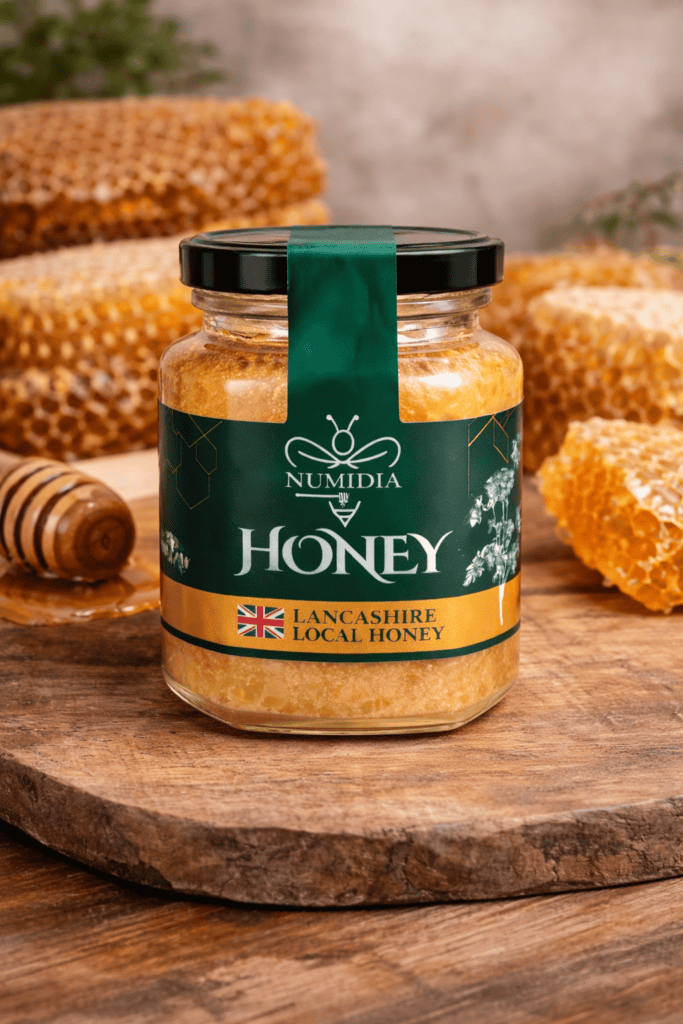 Jar of Numidia pure honey in front of natural honeycomb on a wooden table