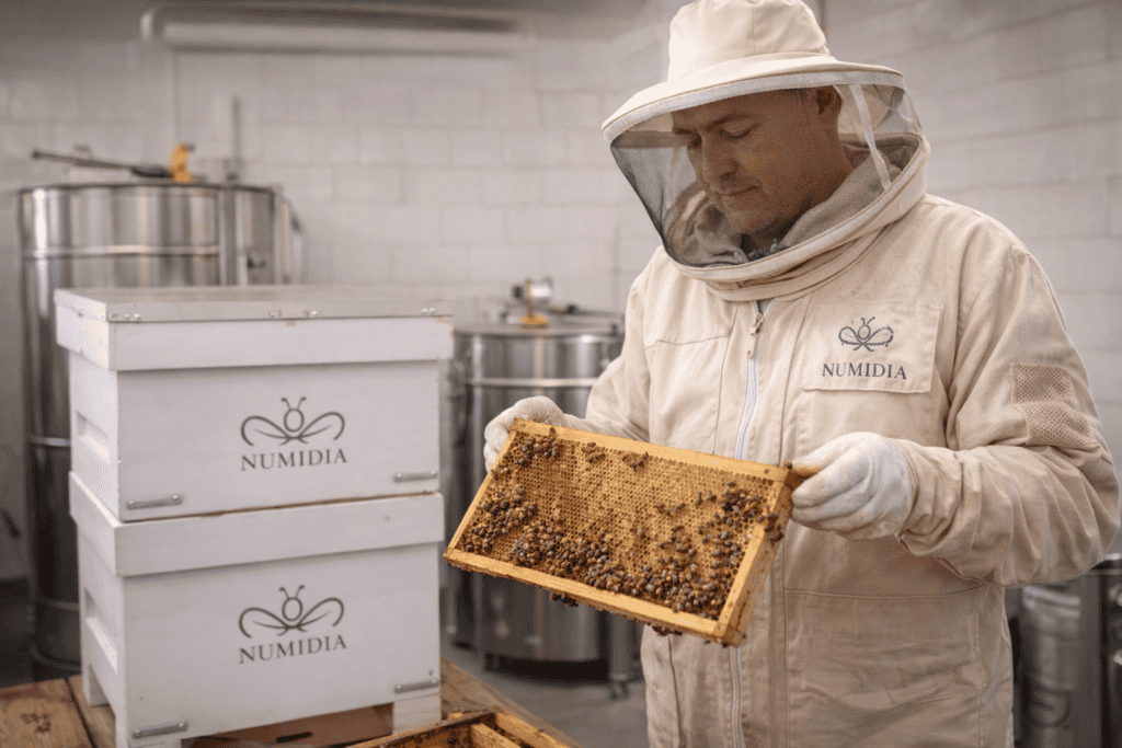 UK beekeeper wearing protective suit inspecting a honeycomb frame inside a clean Numidia honey processing environment, representing authentic British honey production