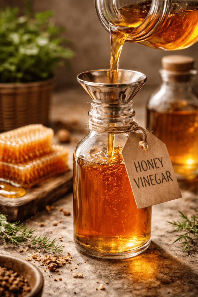 Golden honey vinegar being poured into a glass bottle through a metal funnel, naturally fermented.