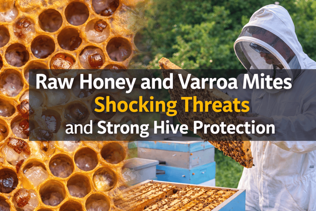 Close-up of Varroa mites on honeycomb alongside a beekeeper inspecting a hive, showing the threat to bees and raw honey production.