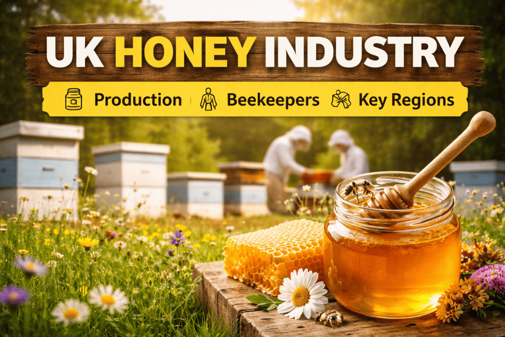 Beekeepers working near colorful hives with a jar of golden honey in the foreground