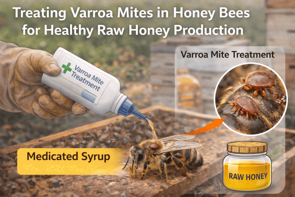 Beekeeper applying Varroa mite treatment as medicated syrup onto a honey bee colony to protect bee health and maintain clean raw honey production.