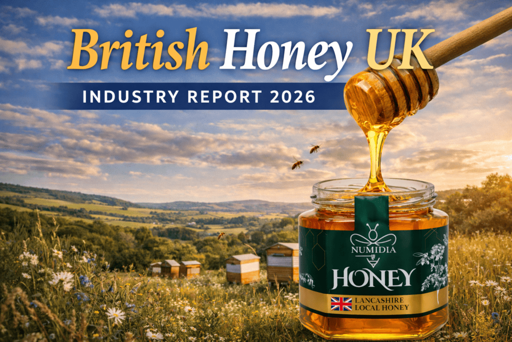 British honey UK industry report 2026 featuring Numidia Lancashire local honey jar with honey drizzle in countryside setting