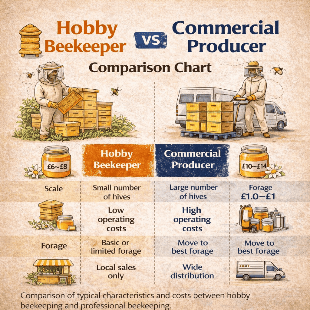 Square infographic comparing hobby beekeepers and commercial honey producers, showing differences in scale, costs, forage, and distribution.