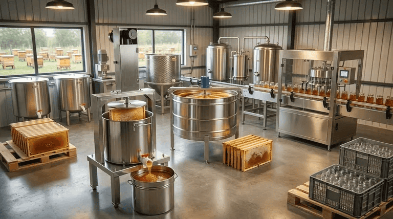 factory processing filtered honey in large metal tank