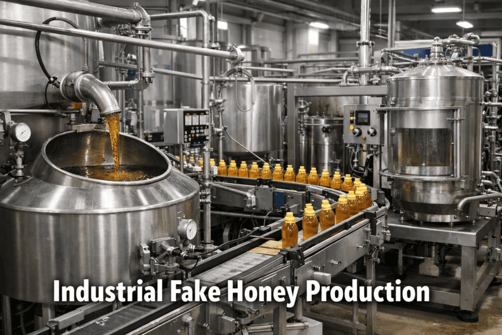 Industrial honey adulteration machinery used to mix syrups and processed sweeteners