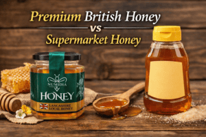 Premium British Honey Numidia jar compared with supermarket honey bottle on wooden background