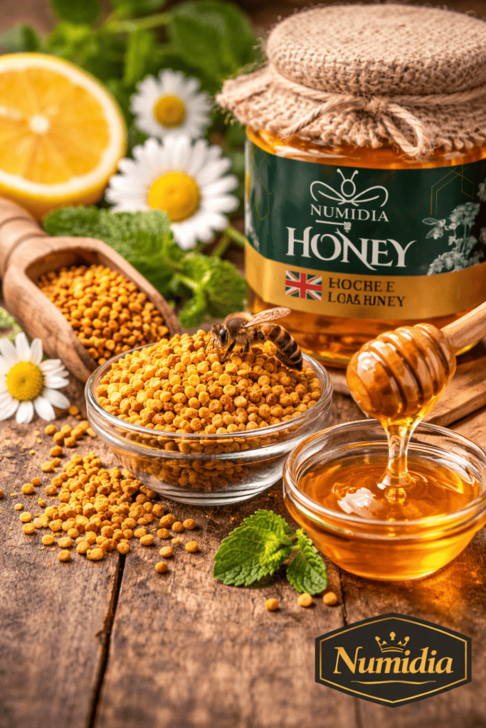 Bee pollen and pure honey showing antioxidant benefits for immunity, energy, and natural wellness.