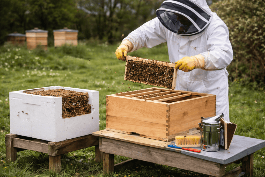 A beekeeper transferring bees from a nuc hive into a wooden National hive in a UK apiary to support British honey production.