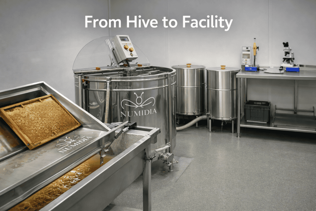 Modern stainless-steel honey extraction facility with Numidia branding, showing equipment used to process high-quality British honey.