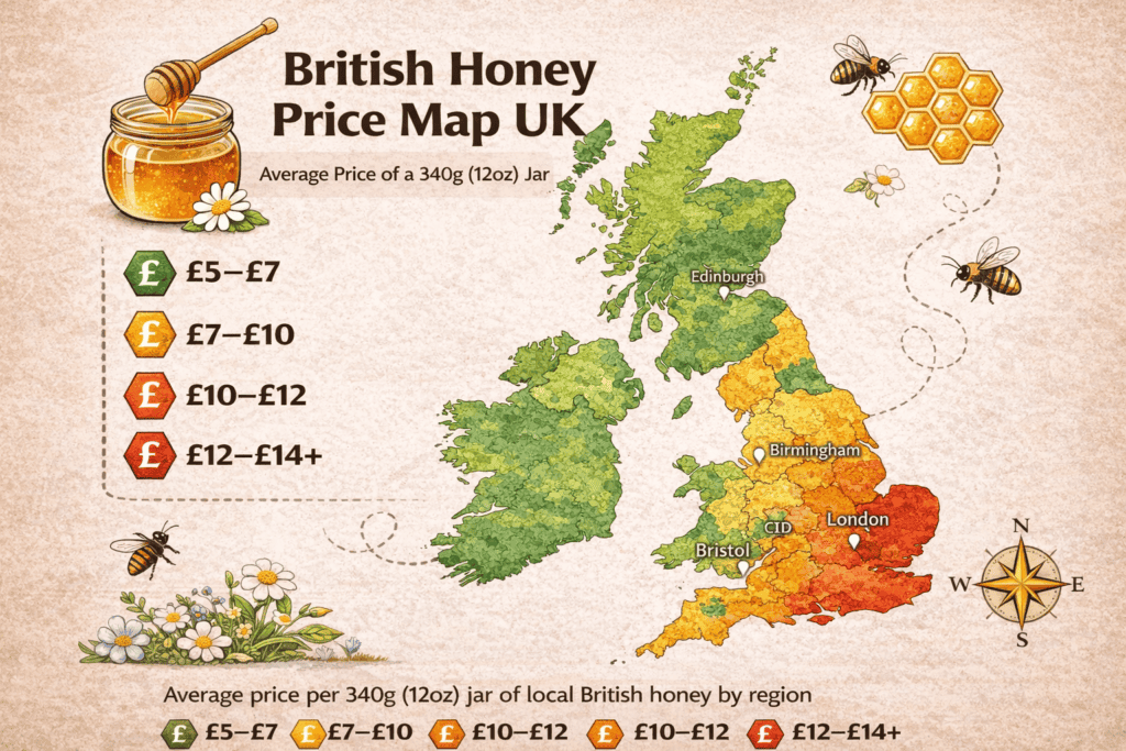 Illustrated map showing British honey prices across UK regions, highlighting cost differences from £5 to £14 based on local honey production and forage conditions.