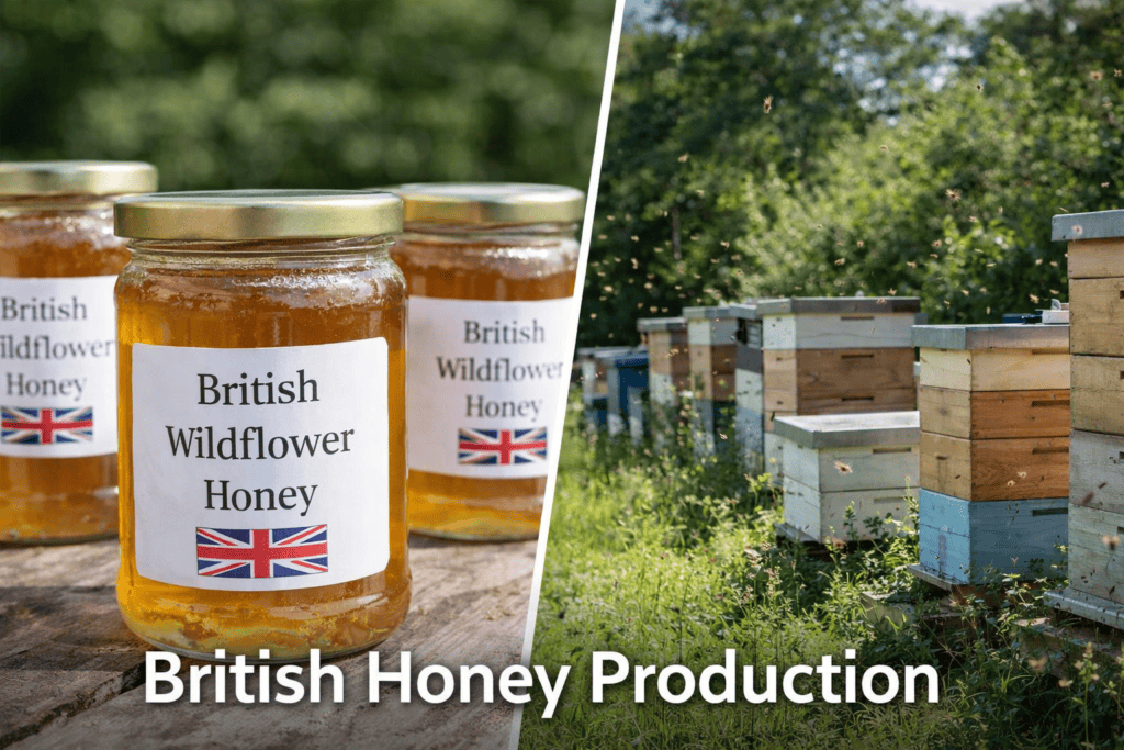 British honey production showing UK wildflower honey jars and apiary beehives