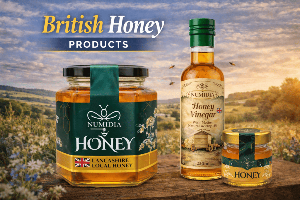 British honey products UK featuring Numidia 500g Lancashire local honey jar, 28g mini honey jar, and raw honey vinegar with mother