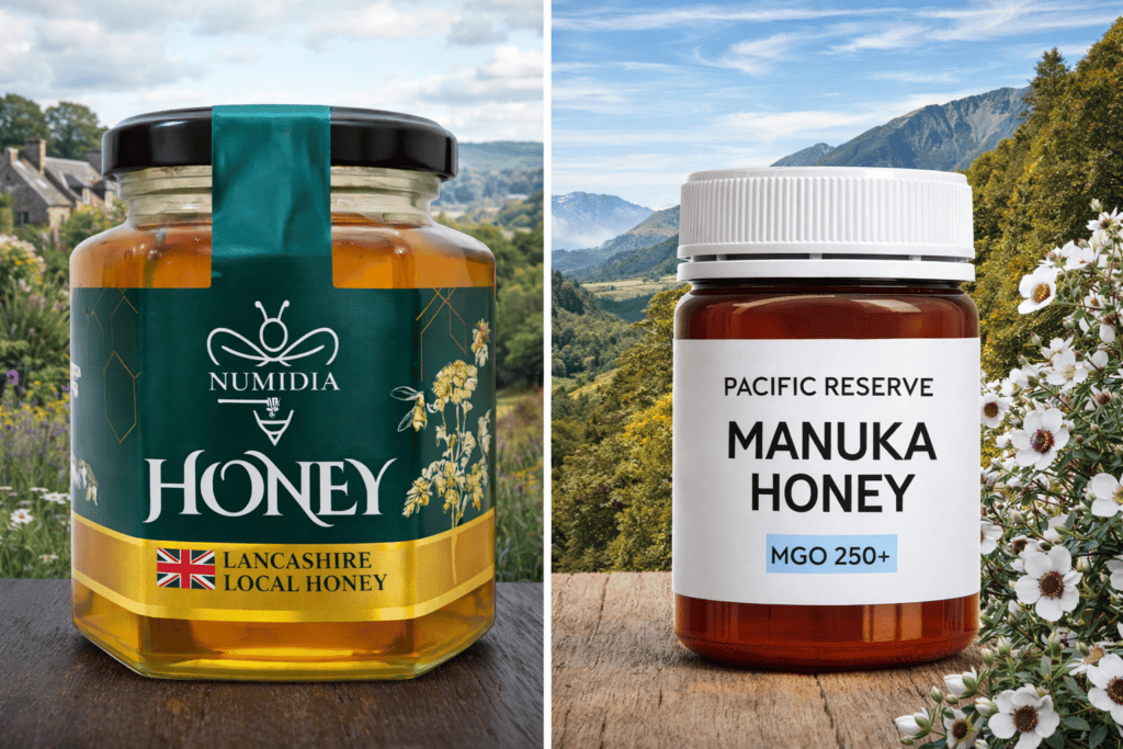 British honey vs Manuka honey comparison featuring Numidia Lancashire local honey and MGO 250+ Manuka jar in UK and New Zealand split background