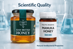 British honey vs Manuka honey scientific comparison featuring Numidia raw British honey and MGO 250+ Manuka jar in laboratory setting showing natural antibacterial properties