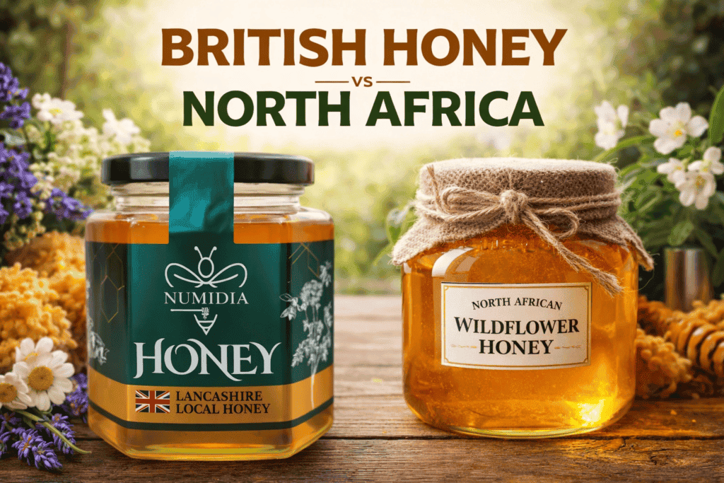 British honey versus North African honey comparison showing Numidia Lancashire Local Honey beside a North African wildflower honey jar.