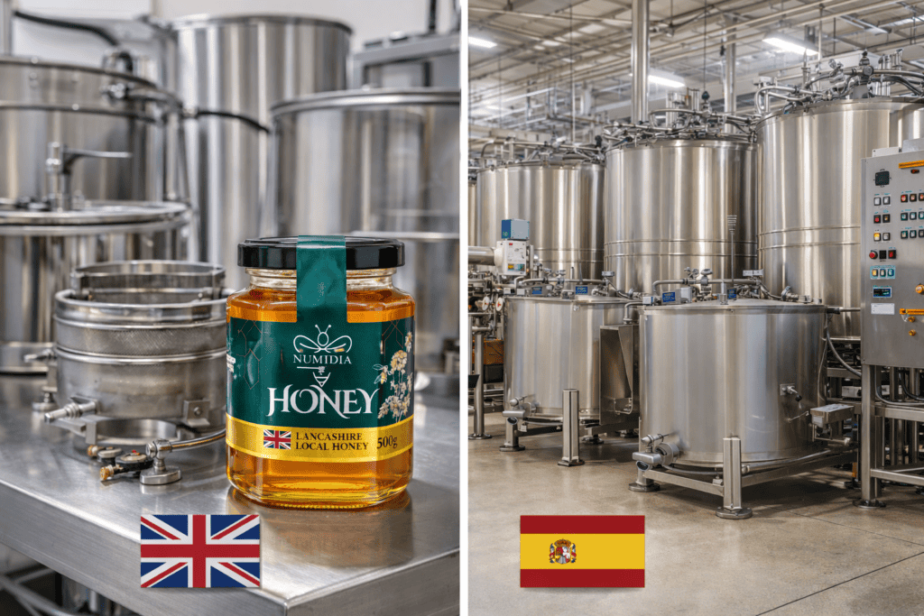 Split scene showing Numidia British honey jar in UK extraction facility and large-scale Spanish industrial honey processing tanks