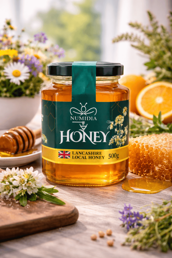 Numidia Lancashire local British honey jar with raw honey and honeycomb comparison setup