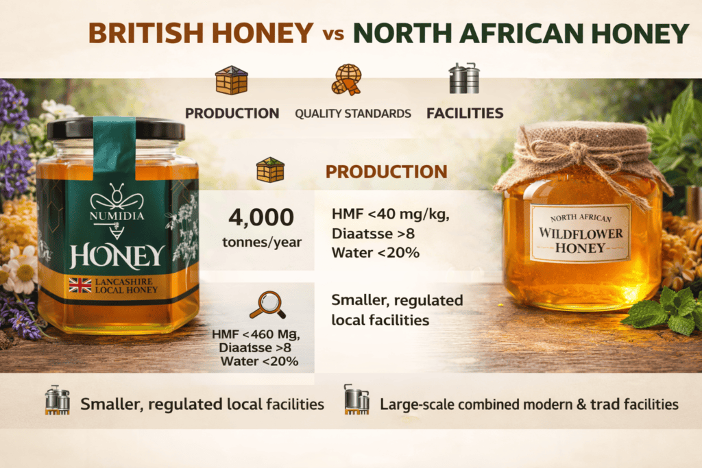 Comparison chart showing British honey versus North African honey, featuring Numidia Lancashire Local Honey alongside North African wildflower honey with data on production, quality, and facilities.