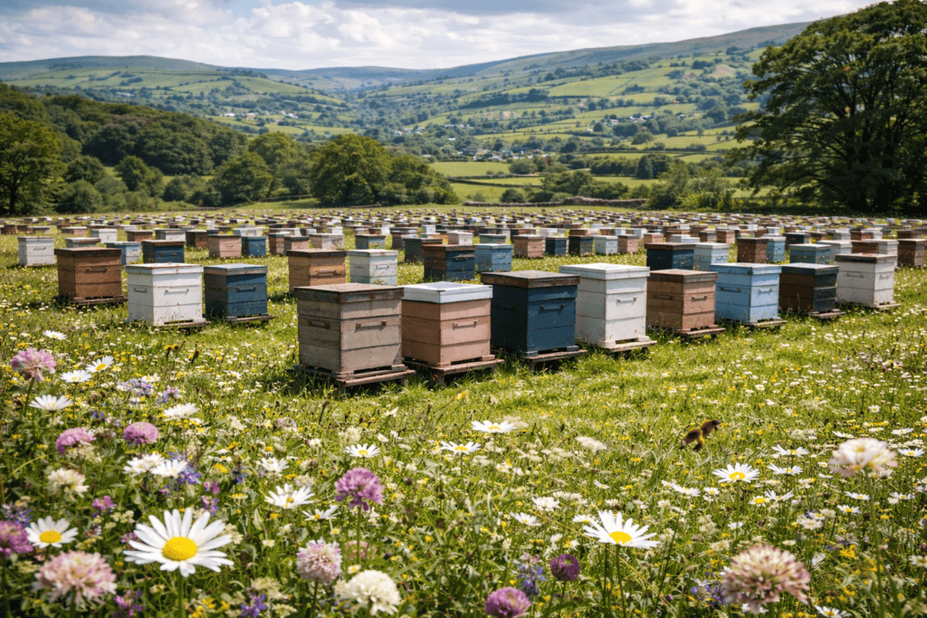 Hundreds of beehives in a British wildflower meadow, showing large-scale local honey production in the UK countryside.

