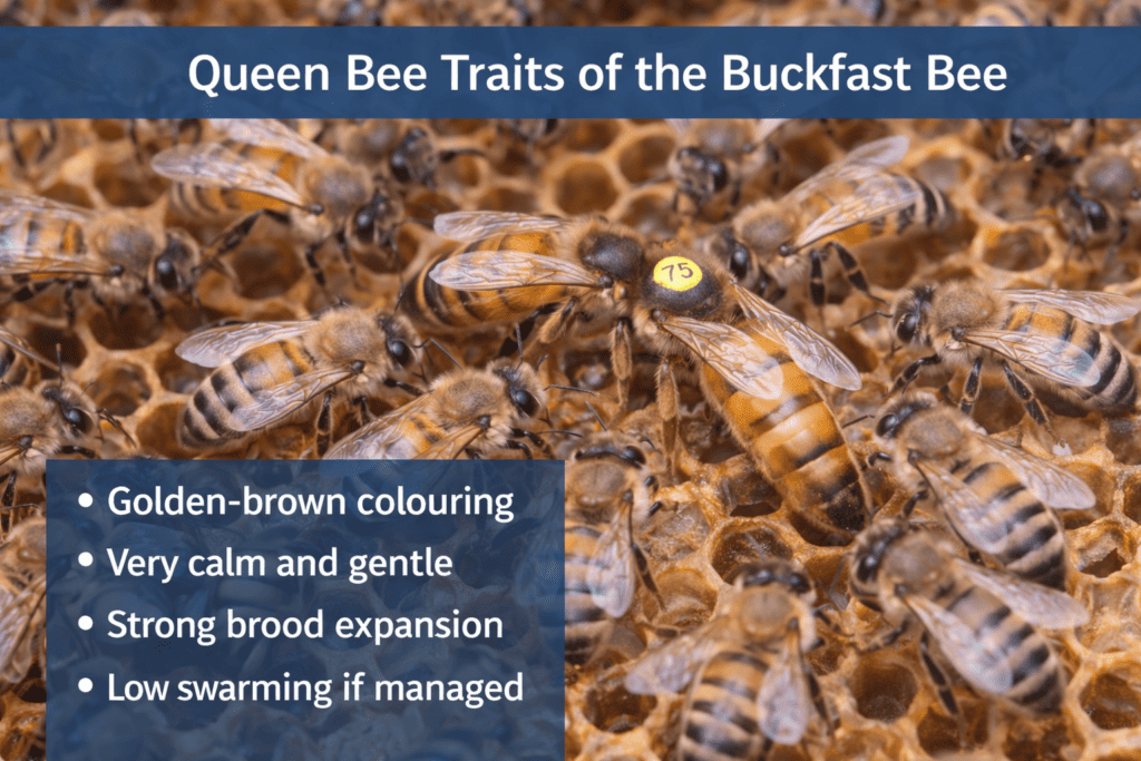 Buckfast queen bee marked with a yellow tag surrounded by worker bees on a brood frame, showing golden-brown colouring and gentle temperament