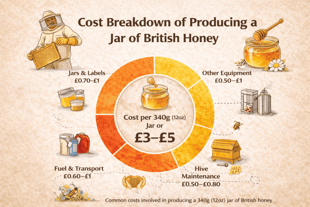 Illustrated infographic showing the cost breakdown of producing a jar of British honey, including expenses for jars, labels, equipment, hive maintenance, labour, fuel, and transport.