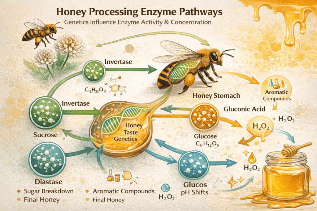 Scientific illustration showing honeybee enzyme processing influenced by honey taste genetics.