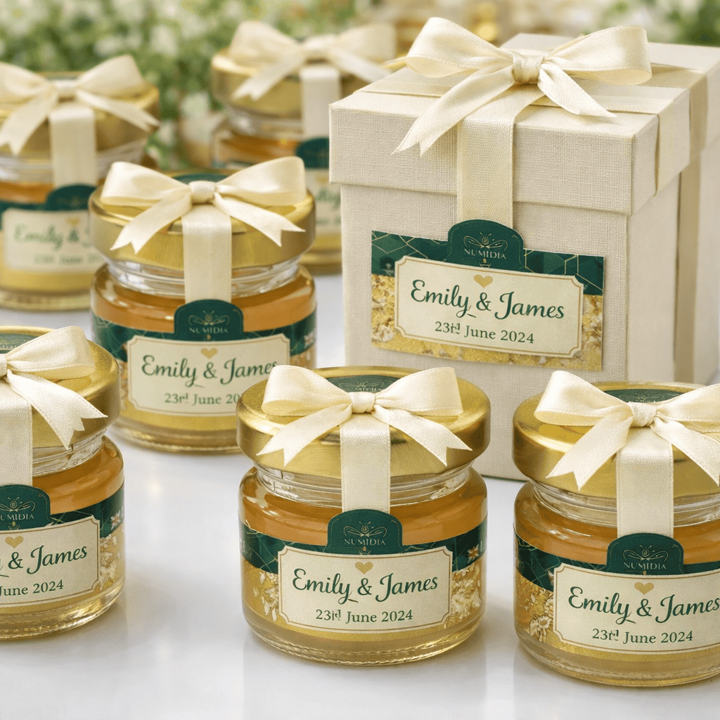 Multiple Numidia honey jars with satin ribbons arranged beside an elegant wedding gift box.