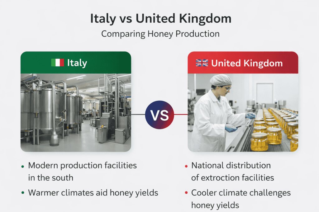 Modern infographic comparing honey production in the UK and Italy, highlighting facilities, climate, and British honey quality.