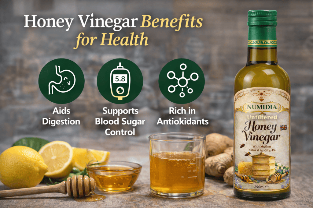 Honey Vinegar for Health shown with Numidia unfiltered Honey Vinegar UK bottle and natural ingredients