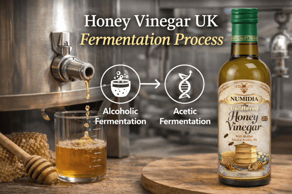 Honey Vinegar UK fermentation process showing Numidia unfiltered honey vinegar bottle during alcoholic and acetic fermentation