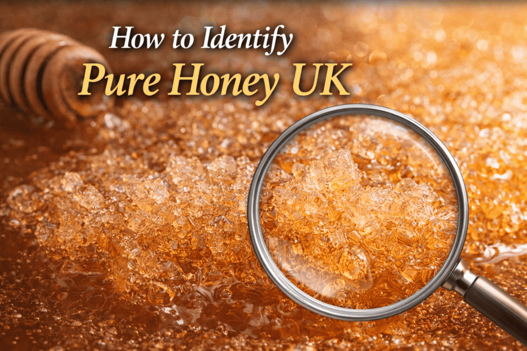 Close-up of premium Honey UK showing natural crystallisation under magnification, representing Premium British Honey quality