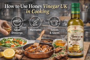 How to use Honey Vinegar UK in cooking with Numidia unfiltered honey vinegar for salad dressings, marinades and glazes