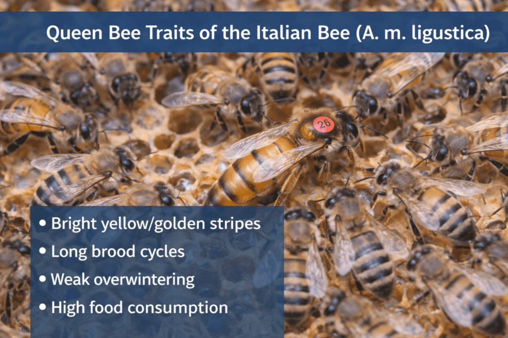 Italian queen bee (Apis mellifera ligustica) marked red, surrounded by worker bees on honeycomb, showing bright yellow stripes and long brood cycle traits.