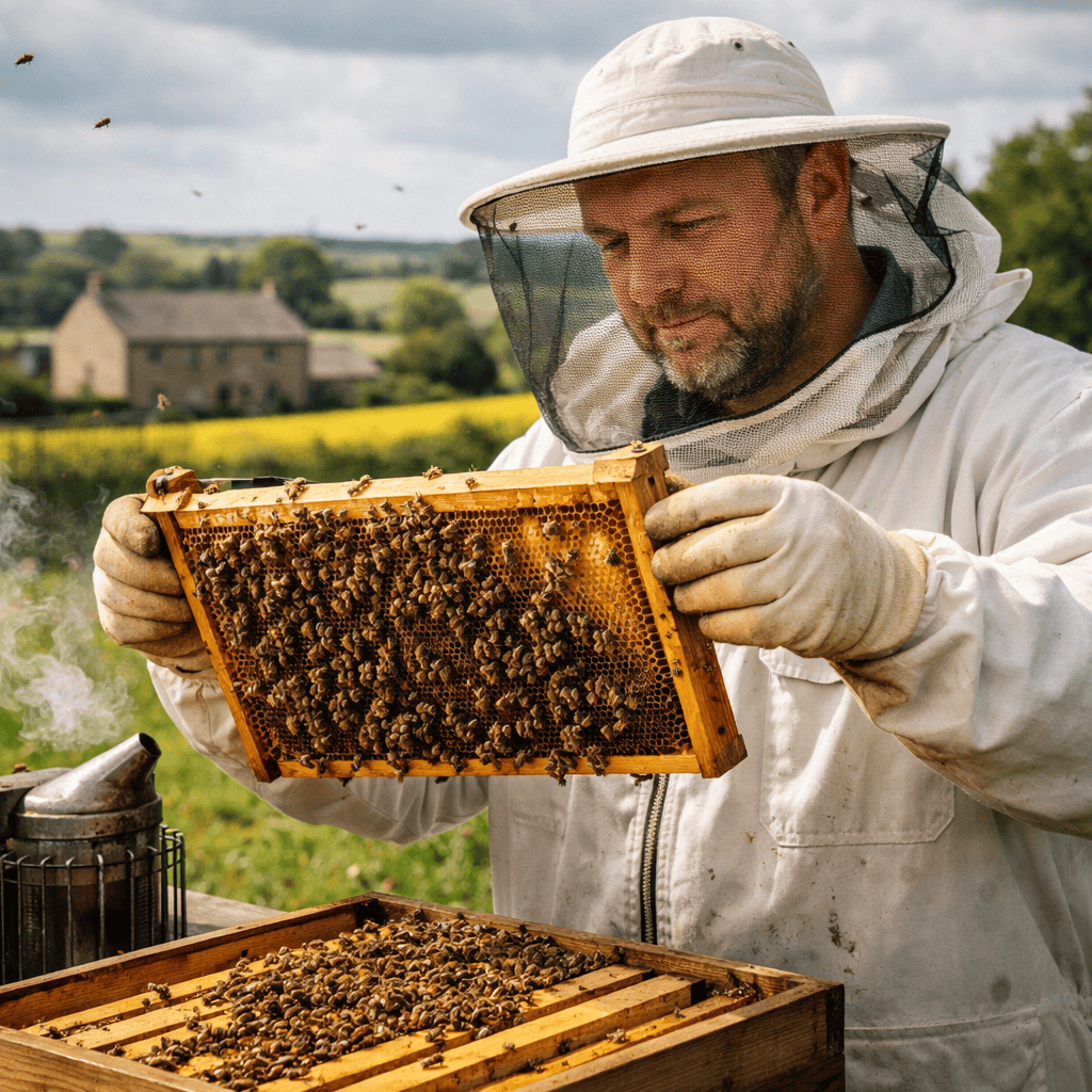 British beekeeper inspecting hive frame producing local honey in the UK countryside