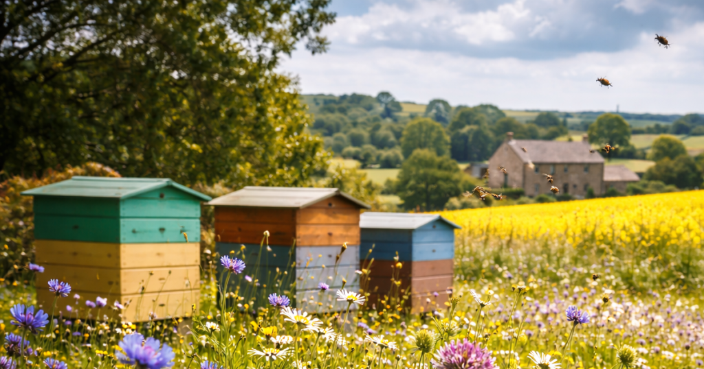 UK wildflower meadow supporting local honey and pure honey production