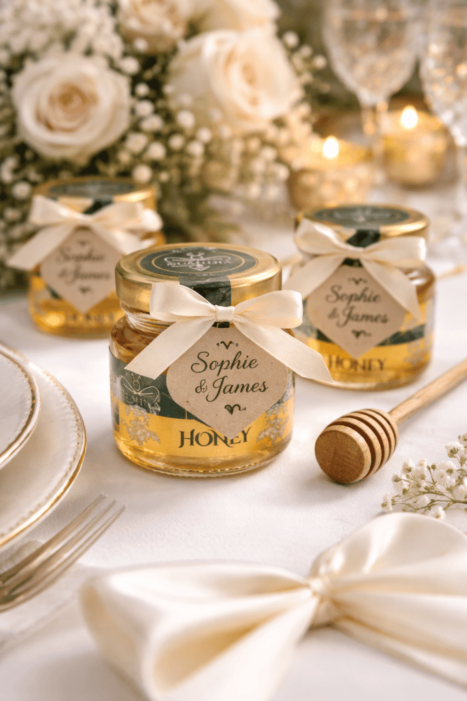 Luxury 28g honey wedding favours on elegant wedding table – Numidia Honey UK