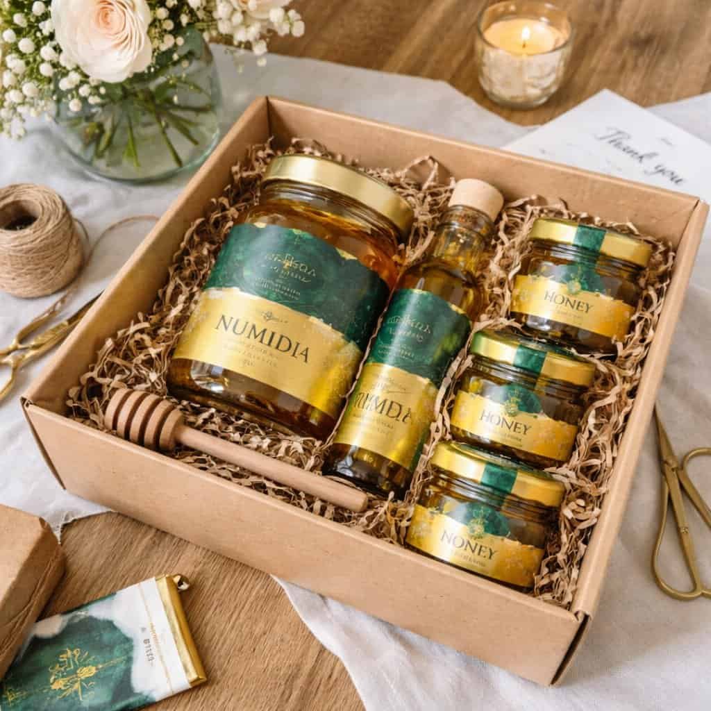 Numidia Honey premium wedding gift box containing British raw honey jars, honey dipper and luxury packaging.