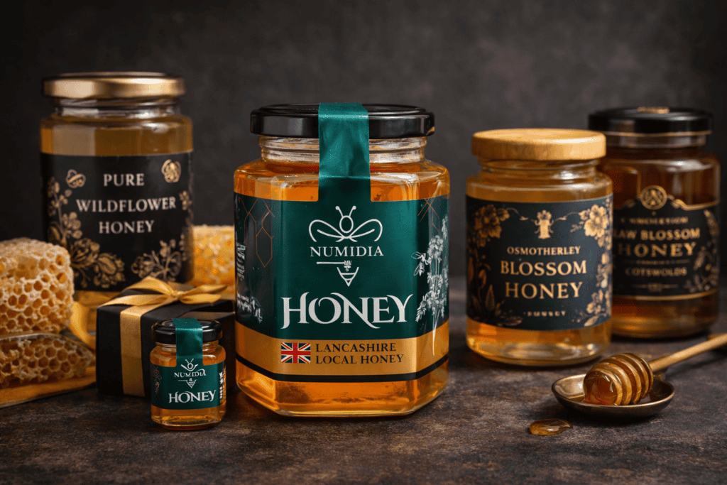 Luxury pure honey jars with Numidia Honey showcased in the center, surrounded by premium British honey brands.